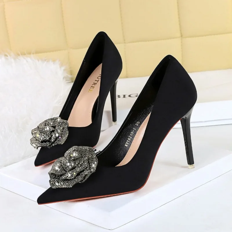 

BIGTREE Women Pumps Shoes Bride Pointed Toe Platform Heels Wedding Flower Silk 10.5CM Thin Heels Cover Heel Dress Woman Shoes