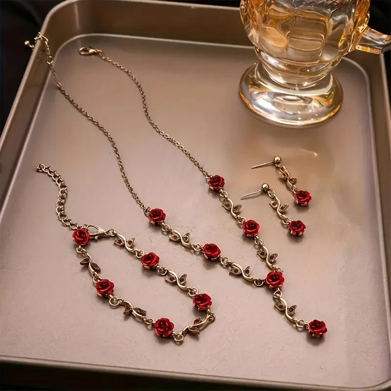 New Cross-border Fashion Jewelry, Vintage Rose Necklace and Earrings, Light Luxury High-end Necklace Set