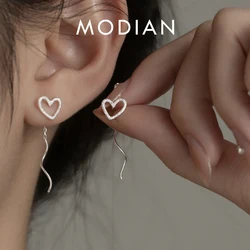 Modian Hot Vintage Frosted Hearts Long Chain Drop Earrings for Women Solid 925 Silver Jewelry Dangle Earring Female Brincos