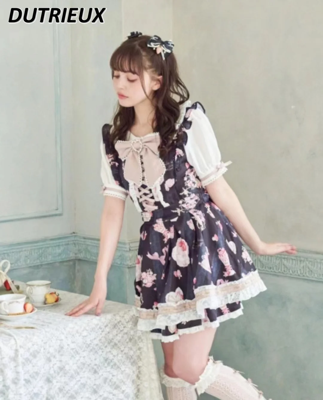 Japanese Lolita Dress Women 2024 New Summer Cute Sweet Girl Strawberry Printed Short Sleeve Midi Dress + Shorts Sets Outfits