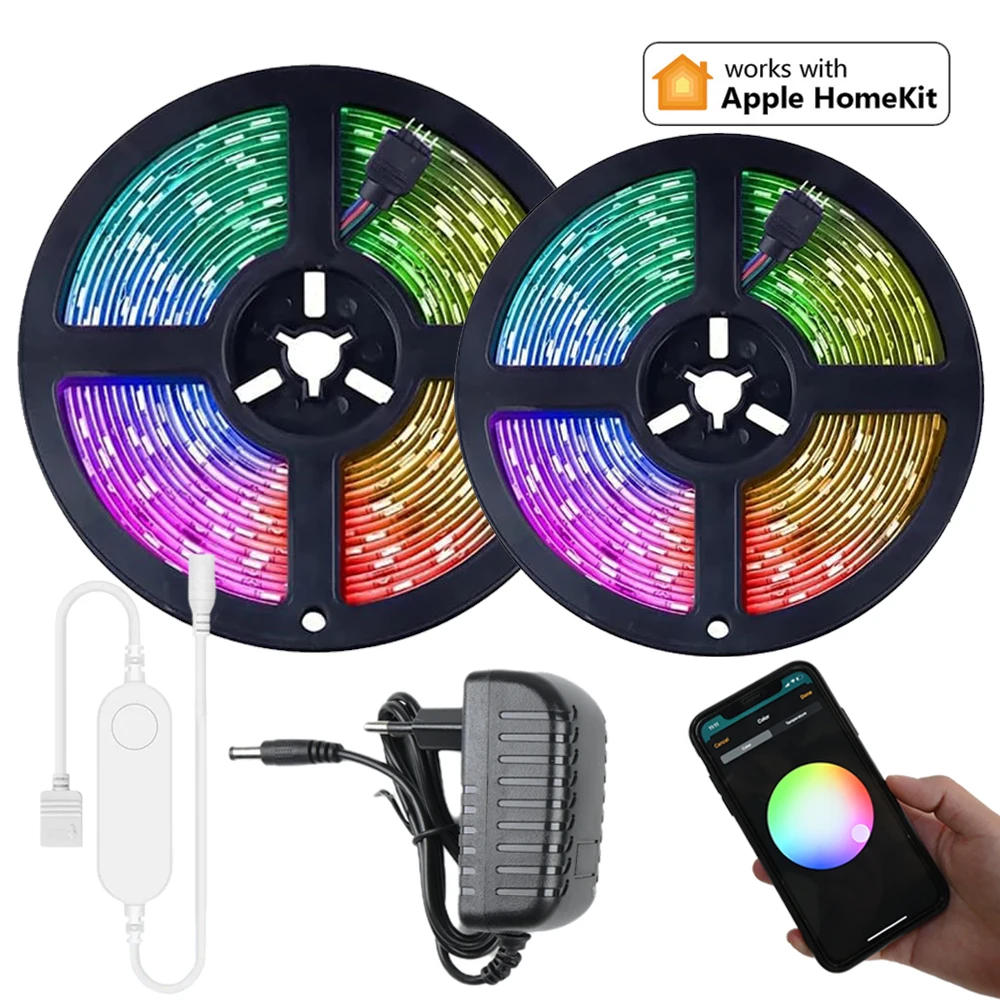 Homekit WiFi 5050 RGB LED Strip 12V 5m 10m Waterproof Dimmable Light Band Full Kit Room Decoration APP Remote Siri Voice Control