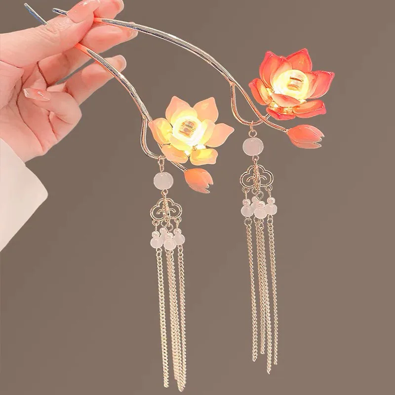 

Luminous lotus lantern hairpin, women's tassel hair accessory, updo hairpin, ancient-style Hanfu walking head ornament