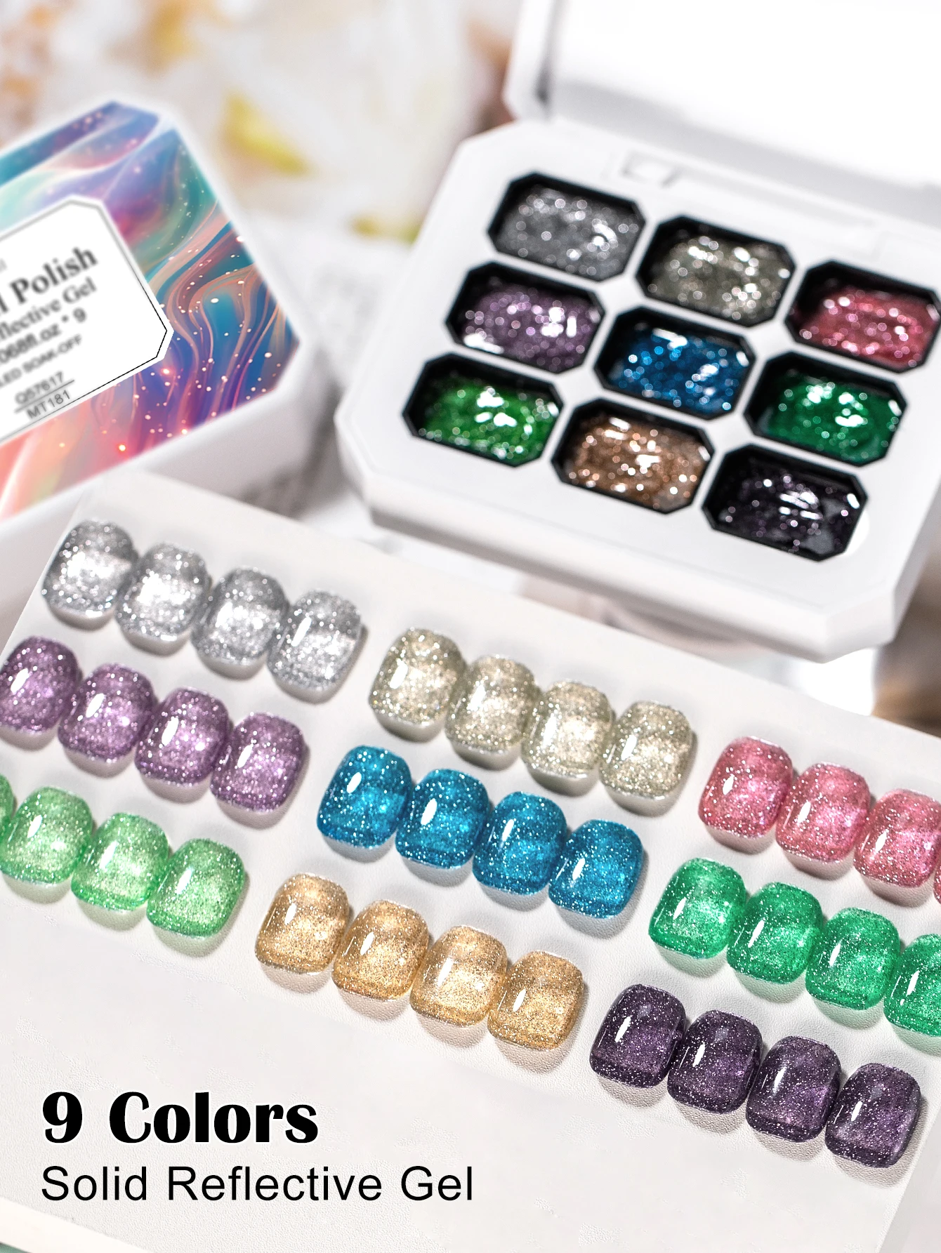 Mtssii 9-Farben-reflektierendes, glitzerndes, reflektierendes Glitzergel, neun Rahmen, schillerndes, reflektierendes, festes Nagellack-Gel, helle Nagelkunst