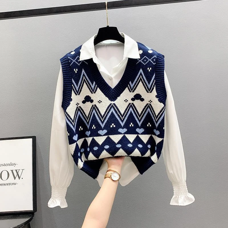 Autumn Winter Casual V Neck Pullover Top Female Women\'s Kawaii Y2K Vintage Argyle Sleeveless Outwear Knitted Sweater Vest Jumper