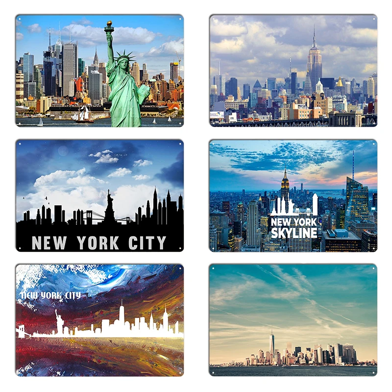 Нью-Йорк Горизонт города США Металлическая вывеска Ретро Кино Кино Гараж Настенный декор Нью-Йоркский город Оловянная вывеска Плакаты