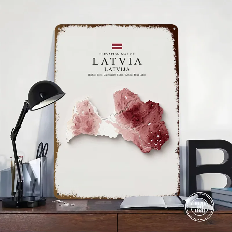 Elevation Map of Latvia Metal Poster Perfect Gift for Fans Lovers Customized Wall Art Metal Sign for Room Decorating Interior