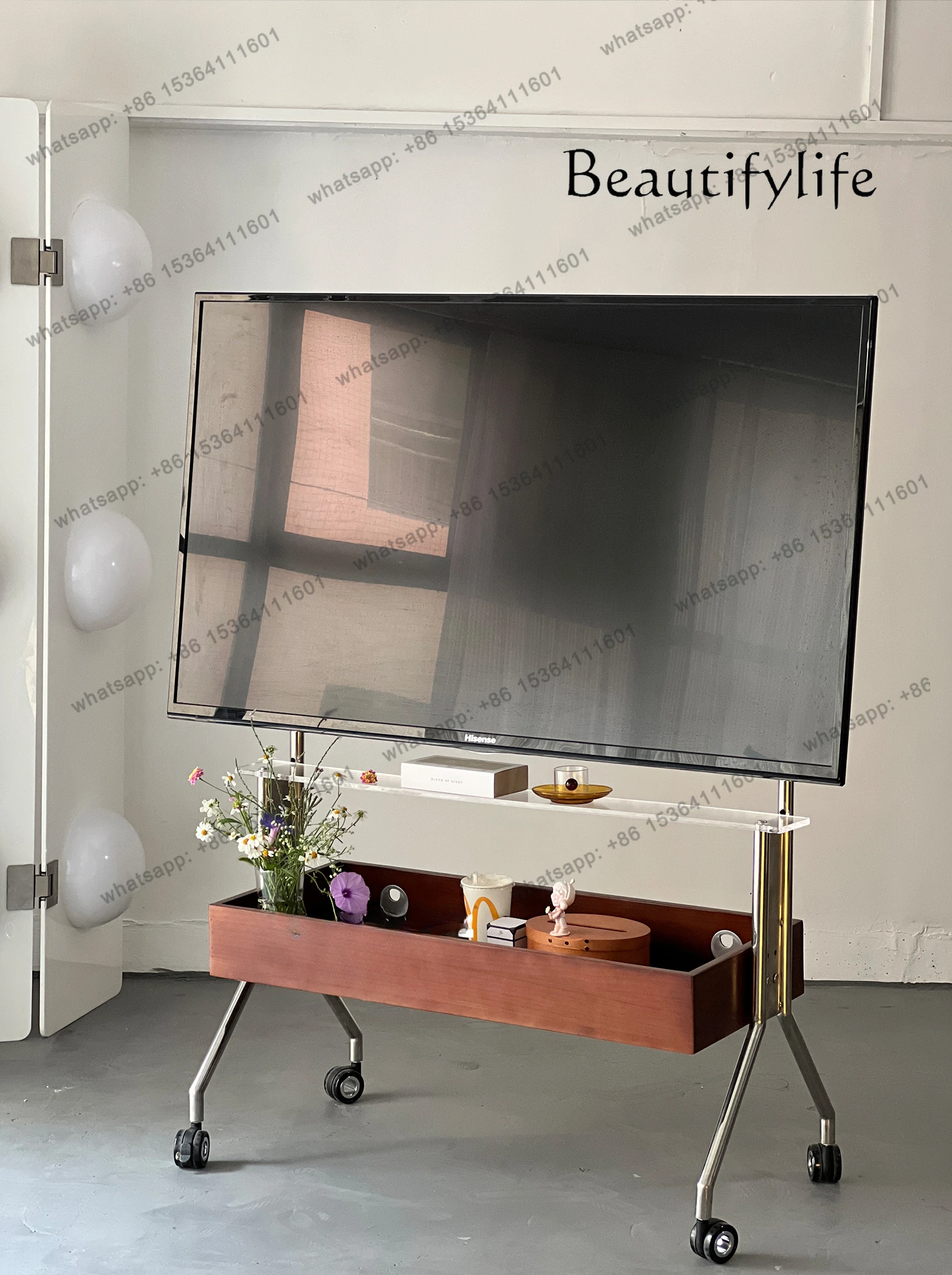 Solid Wood TV Floor-Type Rack Stainless Steel Storage Rack Conference Small Apartment Room Movable TV Bracket