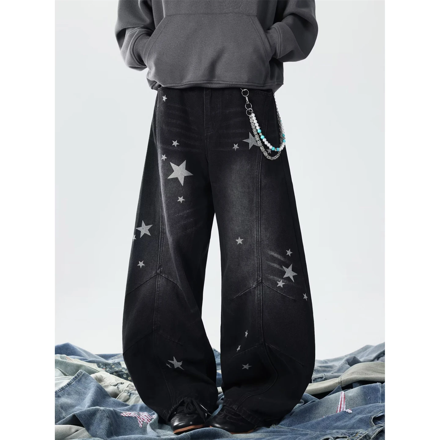 

Ретро-джинсы-леггинсы с принтом «Американская звезда» для мужчин и женщин, модный новый дизайн, деструктивные широкие брюки в стиле BF