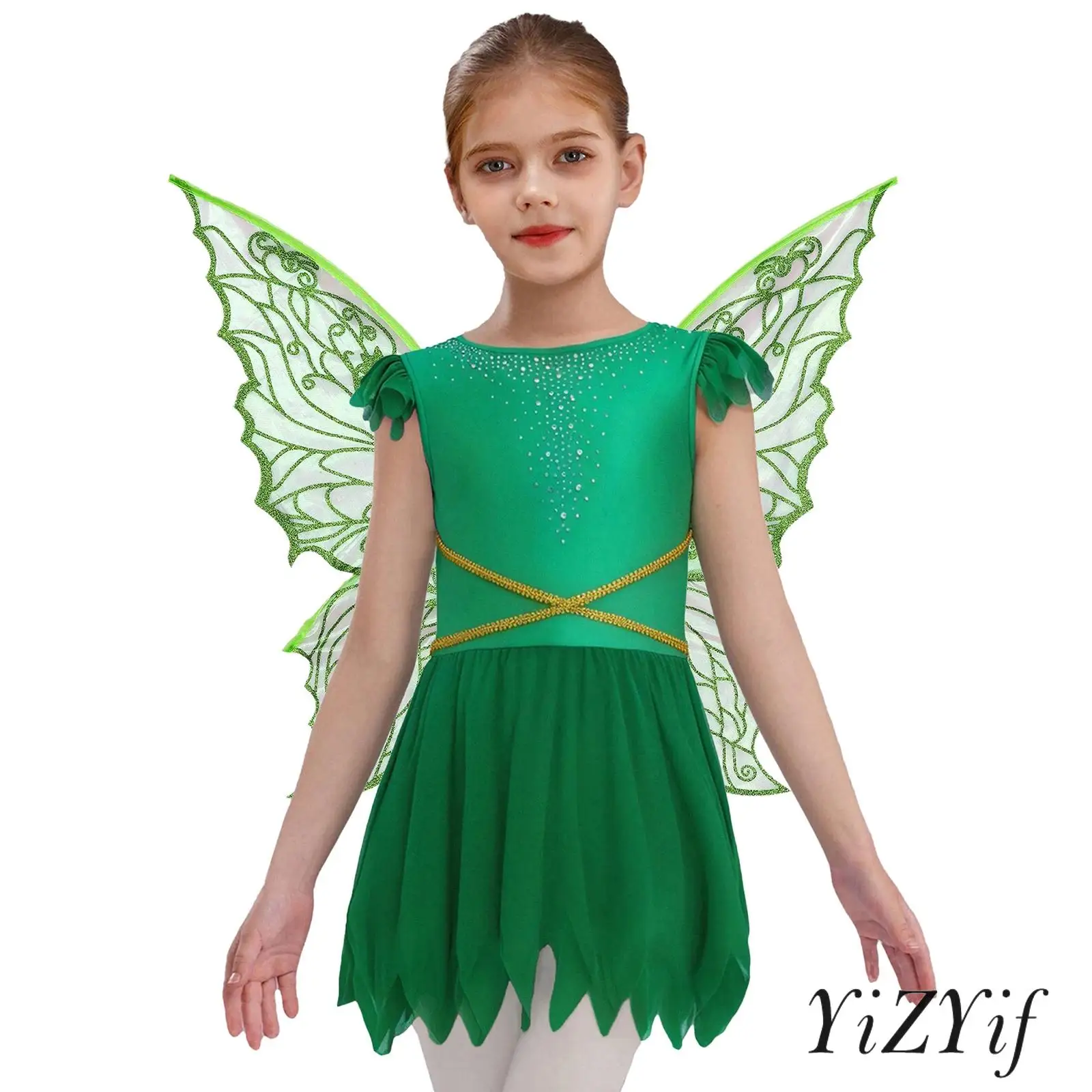 أطفال بنات الجنية زي فستان بتصميم حالم بلا أكمام الخصر الذهب حزام شبكة غير النظامية هيم المدمج في ملخصات فستان مع أجنحة الجنية #1