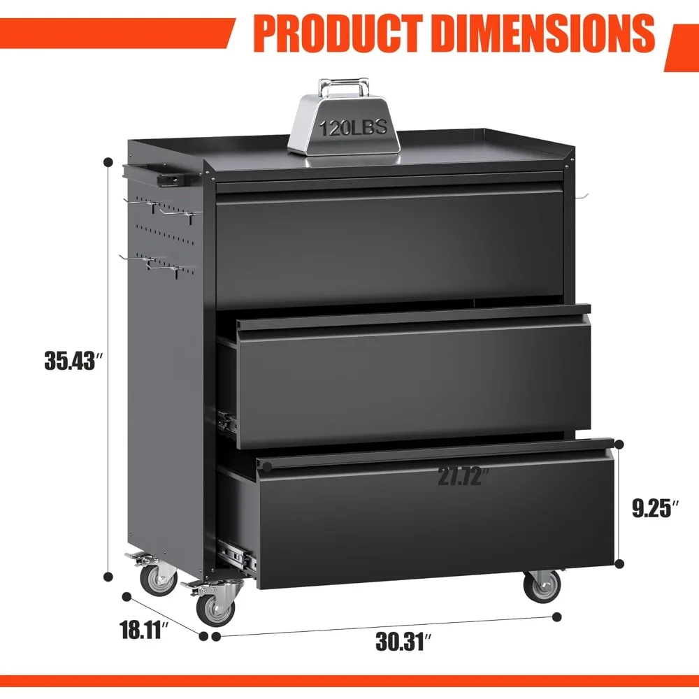 Cómoda de herramientas de metal con ruedas y 3 cajones para almacenamiento, requerida ensamblada, organizador de gabinete de garaje