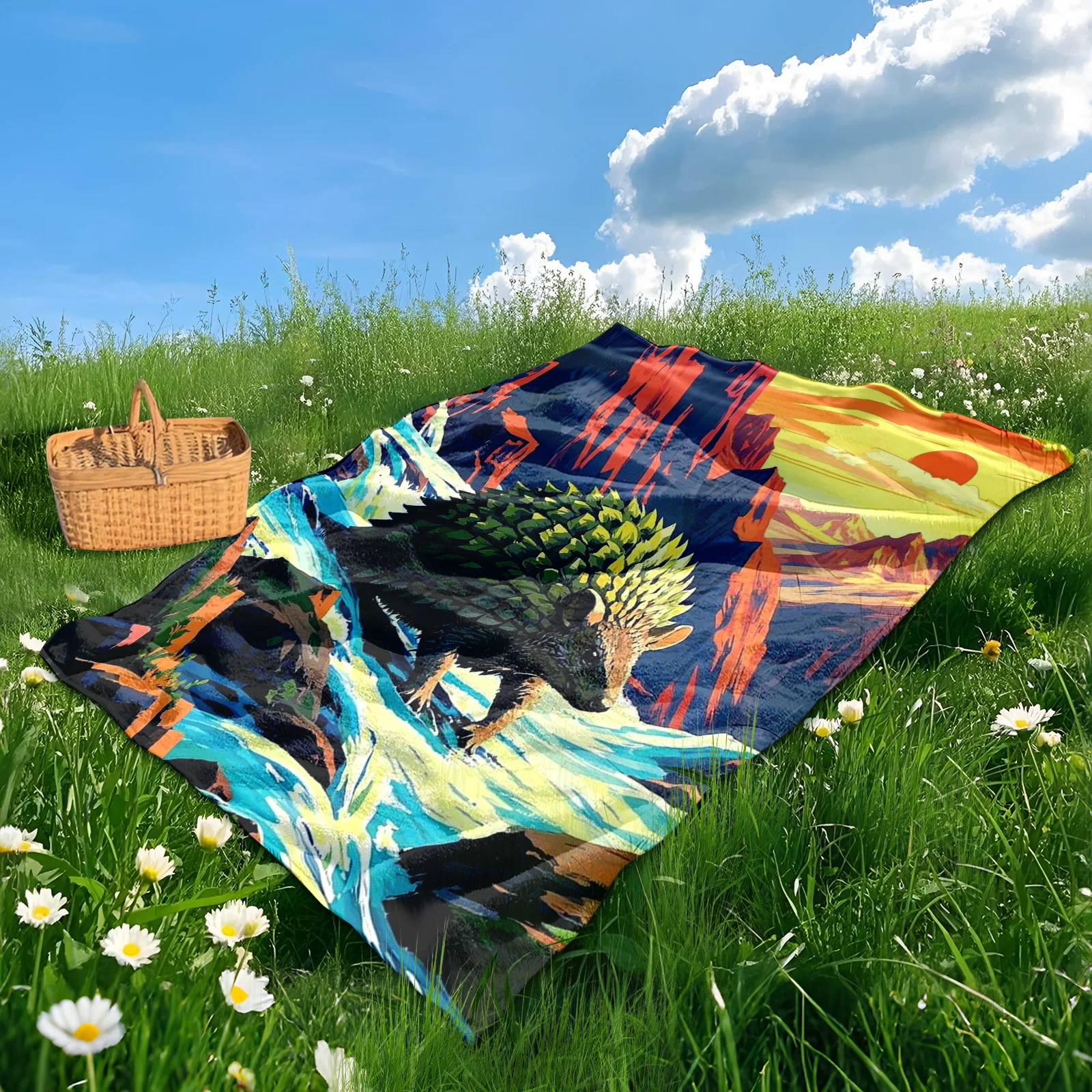 Armadillo With Mountains Sunset And River Design Outdoor Blanket For Scenic Camping And Nature Inspired Outdoor Moments