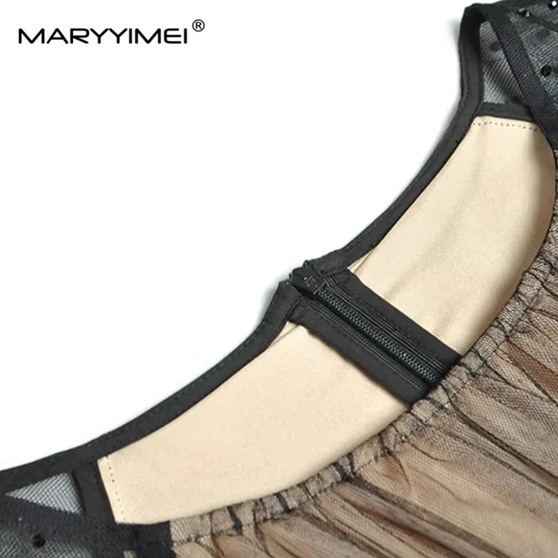 MARYYIMEI Nieuwe Mode Runway Designer Jurk vrouwen Mesh Borduren Lace-UP Hot Diamond Korte Mouwen Zwarte Jurken