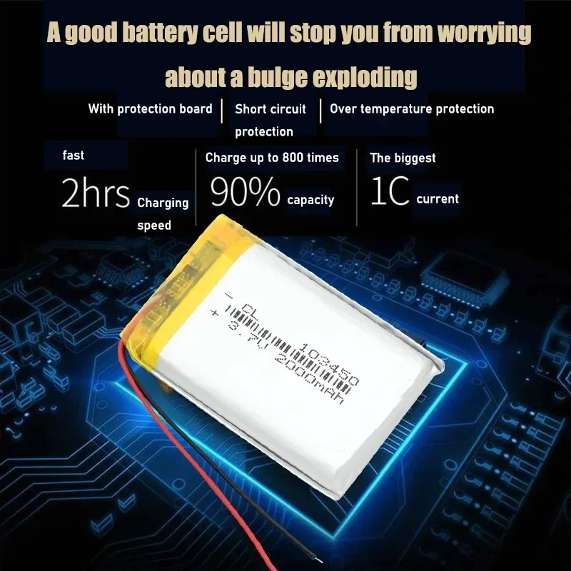 Purfield แบตเตอรี่แบบชาร์จไฟได้ลิเธียมโพลิเมอร์3.7V 2000mAh สำหรับของเล่นแบตสำรองแบตเตอรี่อิเล็กทรอนิกส์103450แบตเตอรี่ลิเธียมโพลิเมอร์