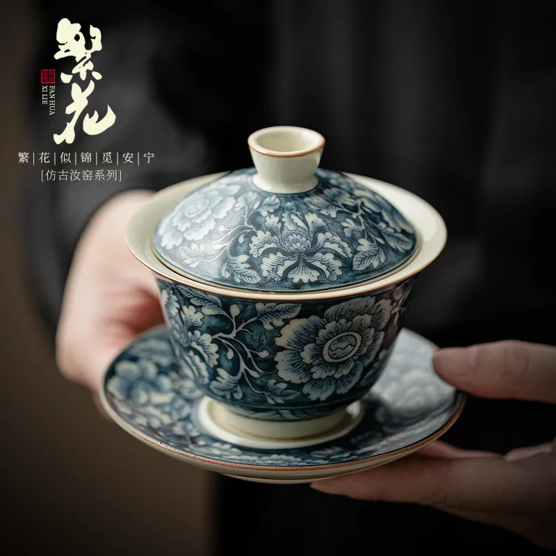 

Античная чаша Qingyun с цветочным рисунком Ru Kiln и трехугольной крышкой с открытой краклевой глазурью, неразруемая керамическая чаша для чая