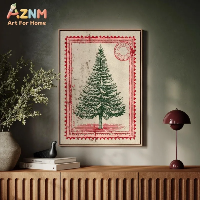 Vintage Christmas Tree Stamp Canvas Wall Art Retro North Pole Post Print Xmas Holiday Home Wall Decor Unframed Canvas Art Poster