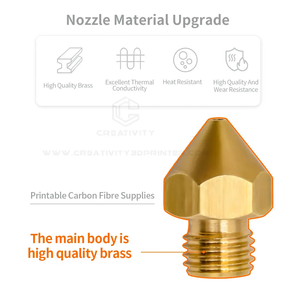 

High Quality Upgarde CR-10spro Brass Nozzle M6 Threaded Extruder Nozzle 1.75mm 0.4/0.6/0.8/1.0mm for CR10S Pro 3D Printer Parts