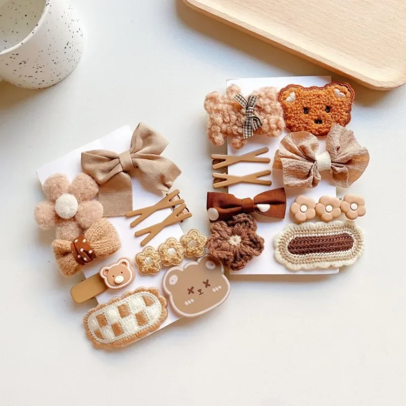 9pcs/set Plush Cute Cartoon Kids Girl Hair Clip Sweet Chic Beige Coffee Color Children\'s Hair Pin Little Girl Har Accessories