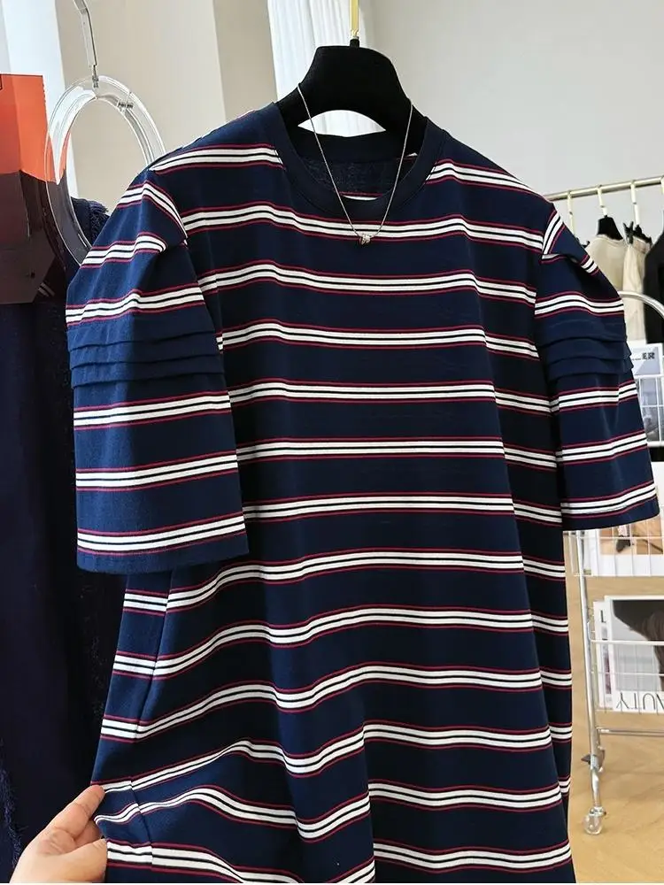 Sommer Damenmode Kurzarm T-Shirt Kleid Lässig Lose O-Ausschnitt Kleid Retro Gestreiftes Kleid