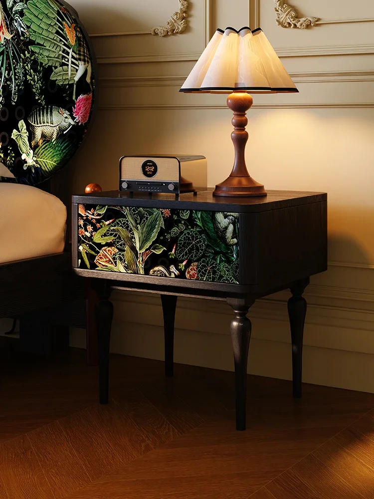

Black solid wood bedside table, French retro master bedroom high-end ash wood bedside storage locker