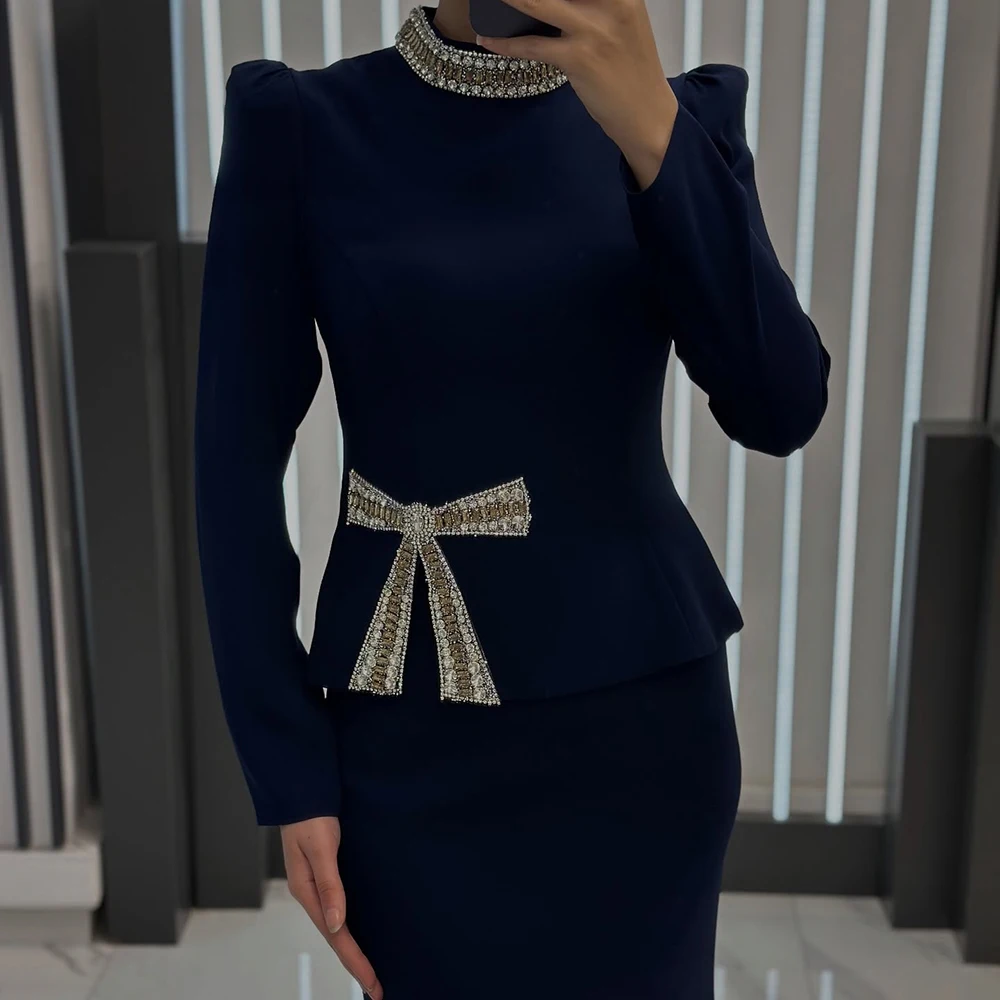 فساتين سهرة مخصصة على شكل حرف A بطول الأرض ورقبة عالية وأكمام طويلة فستان حفلات أنيق بفيونكة كريستالية بسيطة ثنيات للحفلات #3