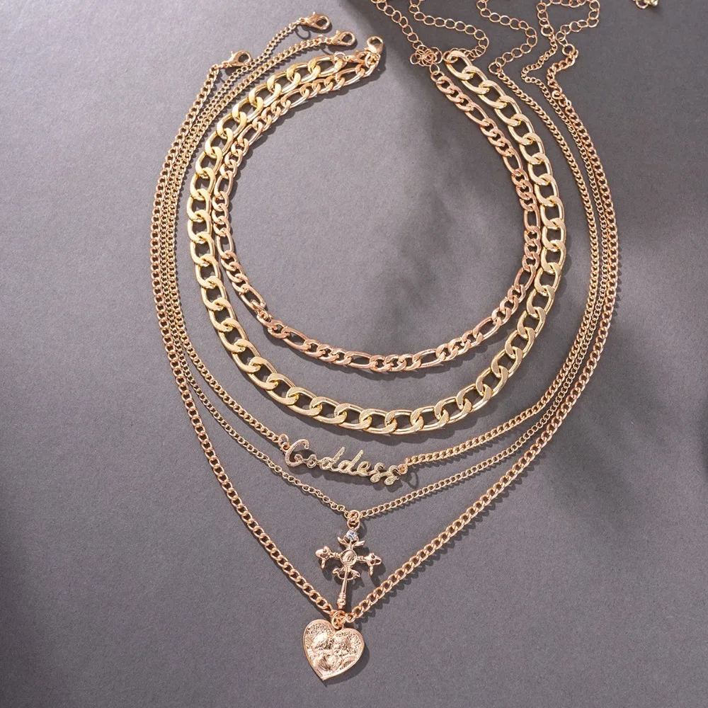 5pcs Set Personality Retro Multi-layered Bas-relief Cross Portrait Alphabet Heart Pendant Necklace Women's Hip-hop Jewelry Sets