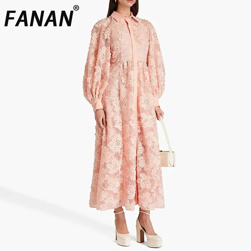 

FANAN Elegant Women's Embroidered Dress Lapel Long Sleeve High Waist Splicing Lace Line Dress New 2025 Spring Women's Dresses