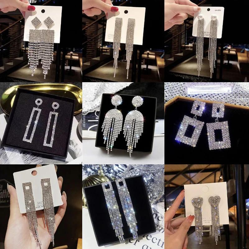 S925 silver needle Classic Shiny Crystal Earrings Ladies Exaggerated Long Earrings Tassels Rhinestone Earrings Fashion Korean Ea