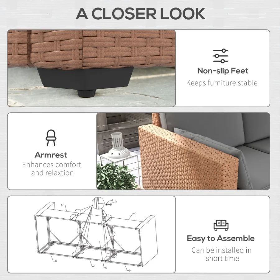 أريكة فناء من الخيزران مكونة من 3 مقاعد من PE Rattan للاستخدام الخارجي مع وسائد جلوس عميقة ورمل رمادي