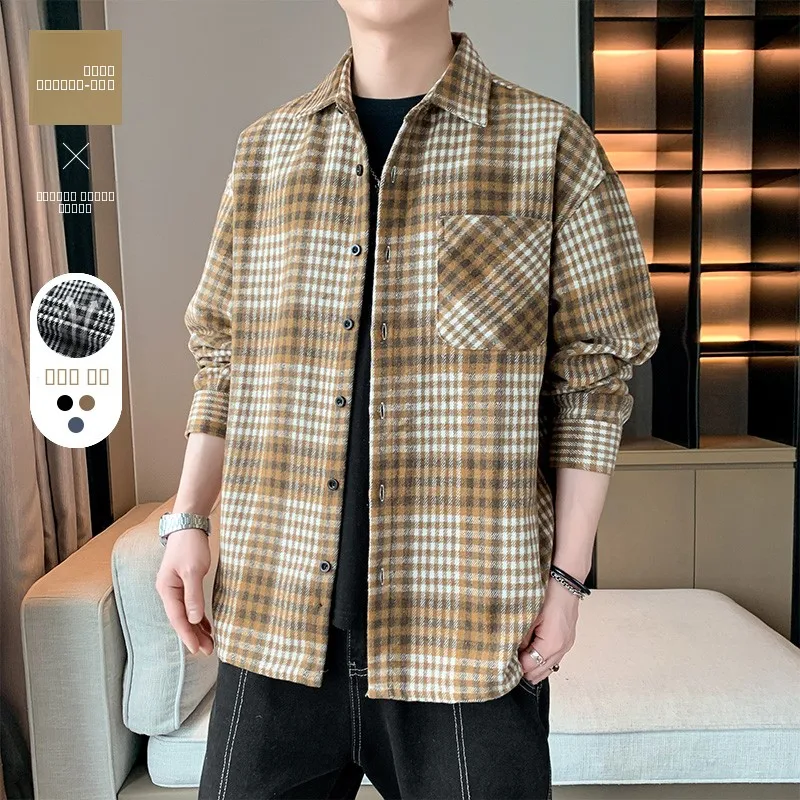 

Осенняя мужская рубашка в клетку с длинным рукавом, свободного кроя, на пуговицах, винтажная, повседневная, универсальная, модная, молодежная, из смесового полиэстера и хлопка