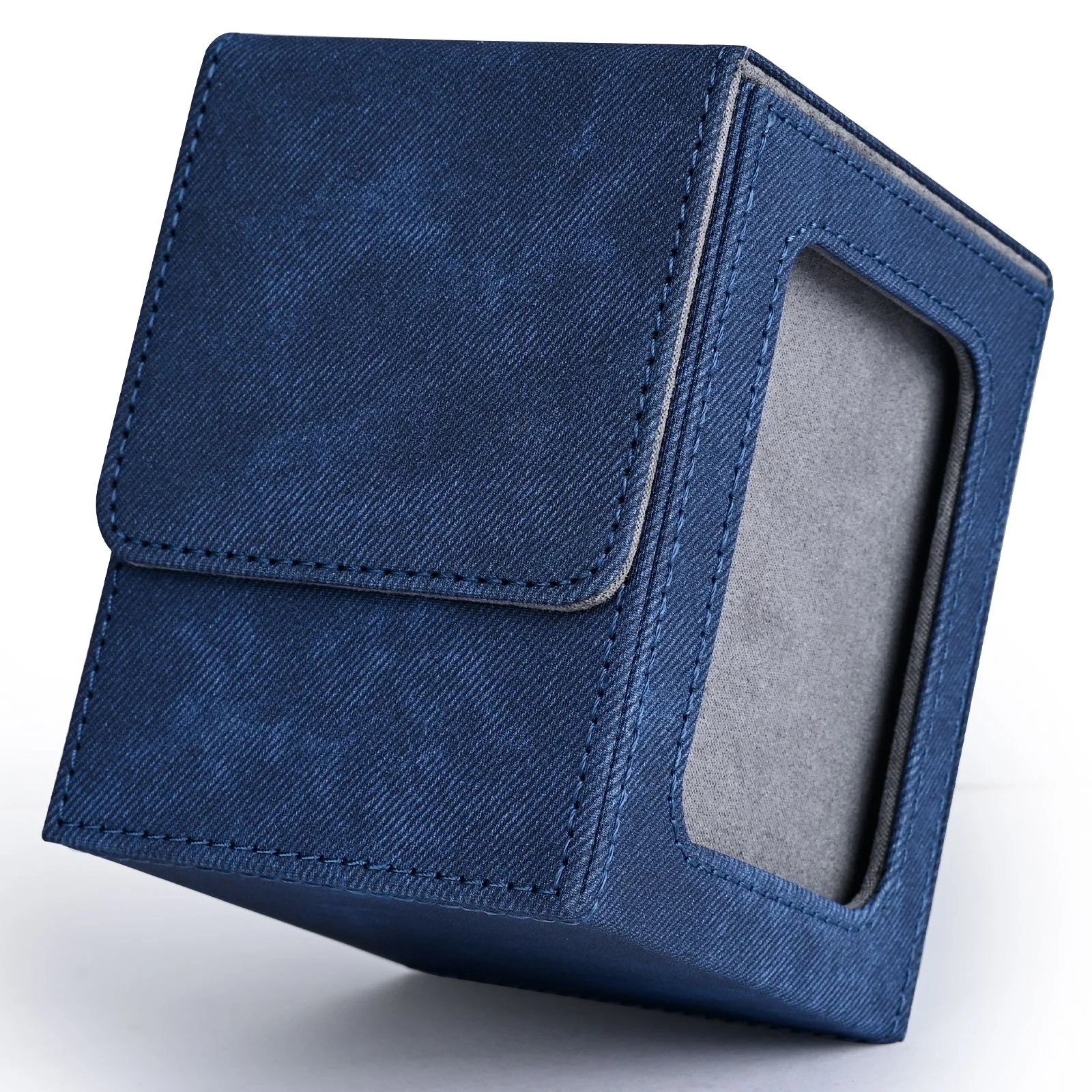 Card Deck Box with Display Window, Trading Card Storage Case, Holds 120+ Single Sleeved Cards, PU Leather Denim Card Box for TCG