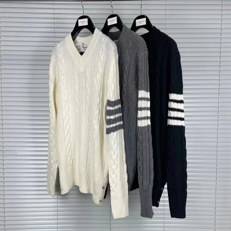 New TB Men's Women's V-Neck Knitted Sweater Korean Style Casual Jacquard Striped Yarn Top University Wave Pattern Sweater