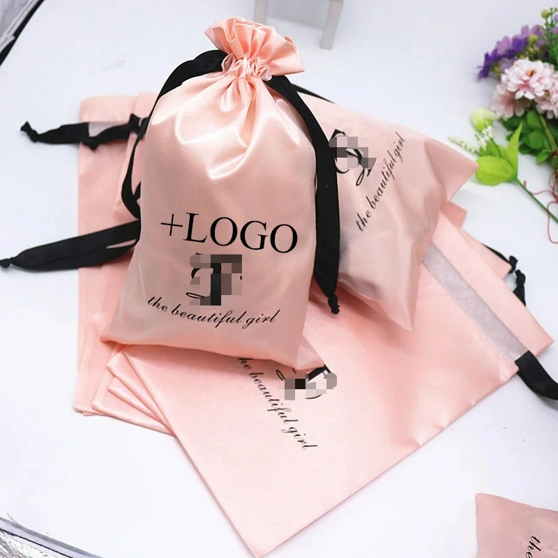 20PCS Baby Pink Silk Satin Pouch Hair Extensions/Wigs/Goods/Makeup Packaging Drawstring Bag Custom Print Logo Gift Bag