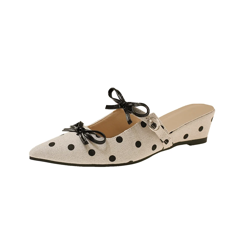 Pointed Toe Women Bow Wedges Slippers Heeled Shoes Dress Party Sandals Elegant Pumps Walking Slides Trend Mujer Zapatos view 6