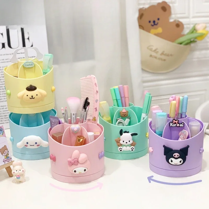 Kawaii Sanrio Rotatable Pen Holder Cinnamoroll My Melody Kuromi Large Capacity Desk Pencil Storage Box Stationery Organizer