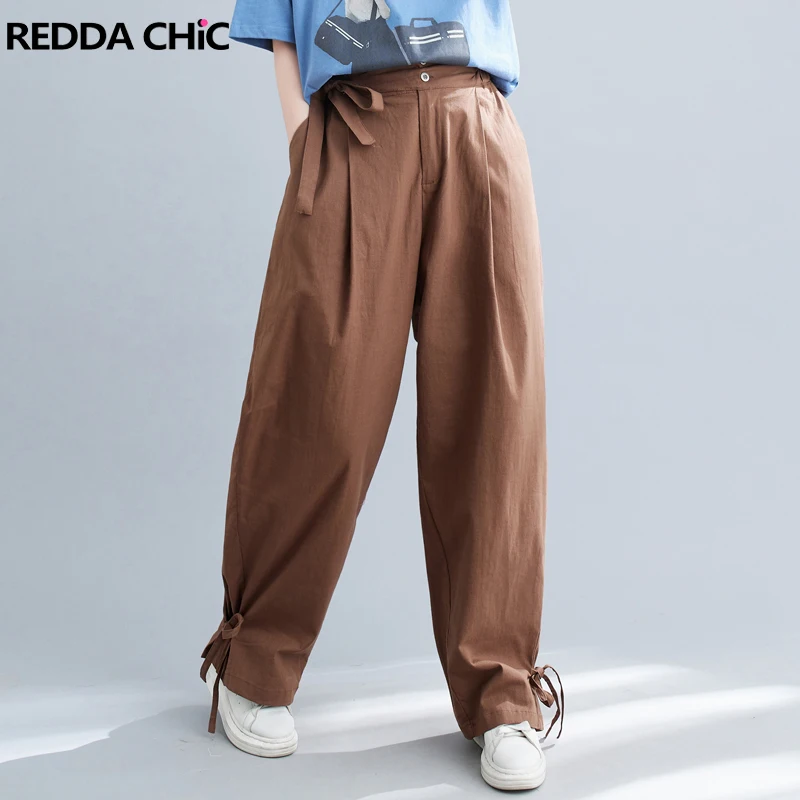 REDDACHiC Solid Cotton Linen Sweatpants Women Casual Strappy Pleated Elastic Waist Draped Wide Leg Harem Pants Korean Streetwear