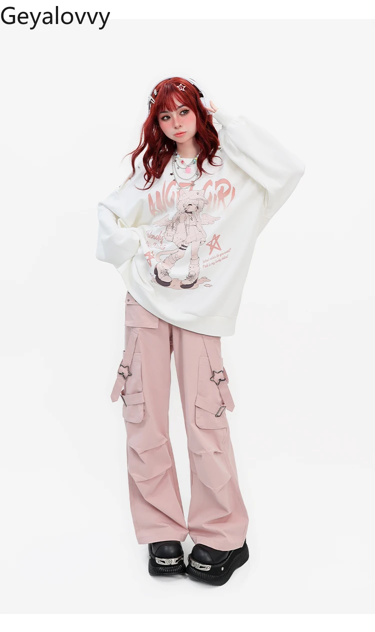 Spring and Autumn New Loose Cool Y2K Mid-length Sweatshirt Sweet Girls Versatile Hoodies Off-Shoulder Street Punk Pullover