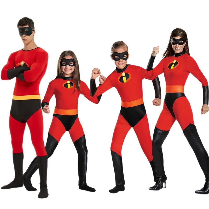 Incredibles Costume Adult Kids Incredibles Mr Mrs Red Jumpsuit Bodysuit Mask Suit Halloween Party Costumes for Women Men