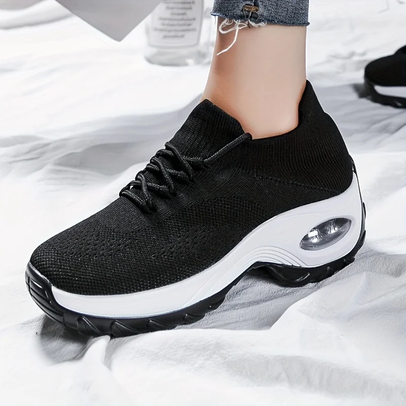 Black Walking Shoes for Women Casual Knit Shoes with Arch Support Mesh Loafers Lightweight Air Cushion Sock Sneakers 1862 t