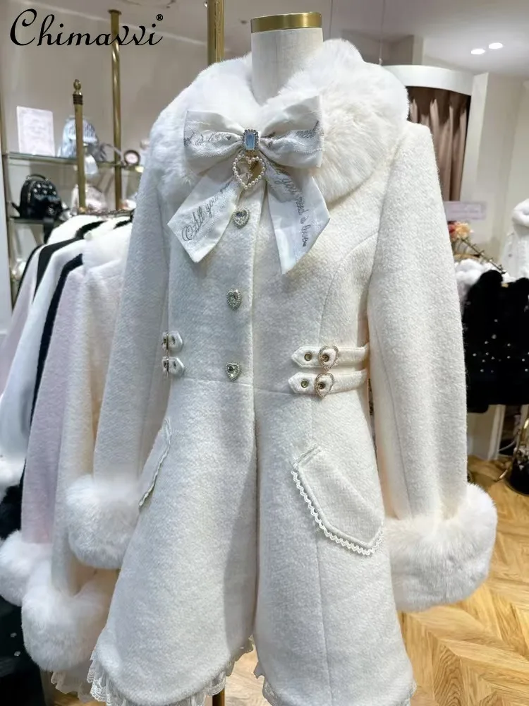 اليابانية الحلو القوس ضئيلة متوسطة طويلة معطف الصوف شتاء جديد فو الفراء طوق لوليتا فتاة المرأة الوردي الأبيض الصوف سترة معطف