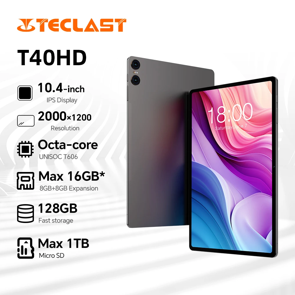 TECLAST T40HD Tablet Max 16 RAM 128GB ROM 10.4 Android 13 T606 octa-core 2000x1200 FHD 2K dual SIM Type-C/GPS/7200mAh