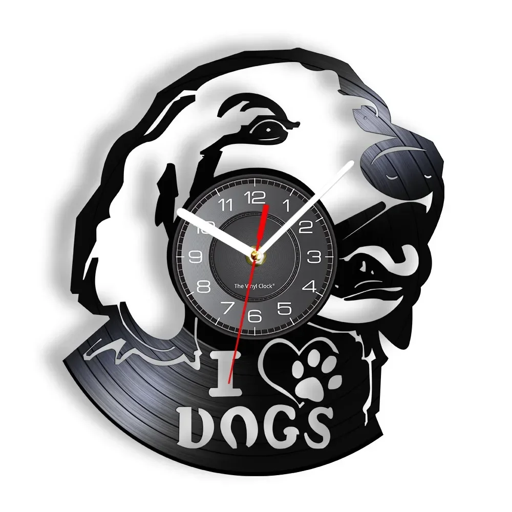 

I Love Dogs Уникальная виниловая пластинка Настенные художественные часы с портретом собаки Прекрасная собачка Виниловая пластинка LP Щенок Настенные часы для любителей животных Gi