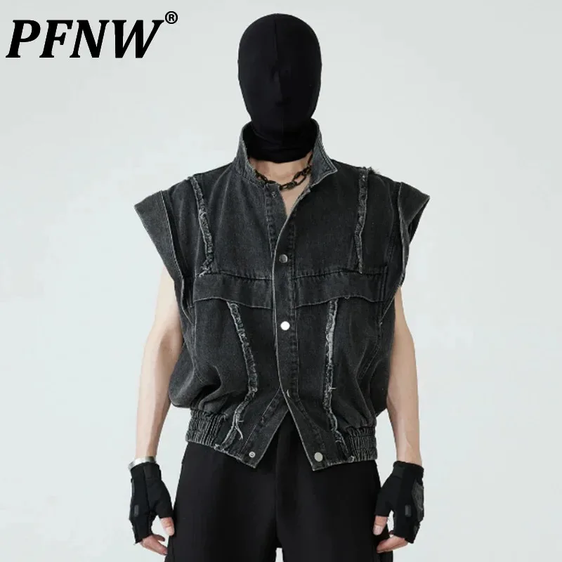 

PFNW Darkwear Men's Mashed Distressed Dark Grey Denim Vest Worn-out Row Edge Top Single Breasted Laepl Sleeveless Top New 12C555