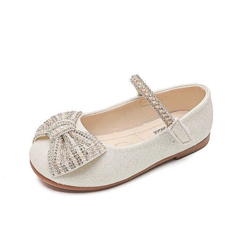 Shiny Rhinestones Bow Round-toe Kids Shoes Non-slip Moccasin Flat Shoes Children Mary Janes for Party Wedding Shows Girls