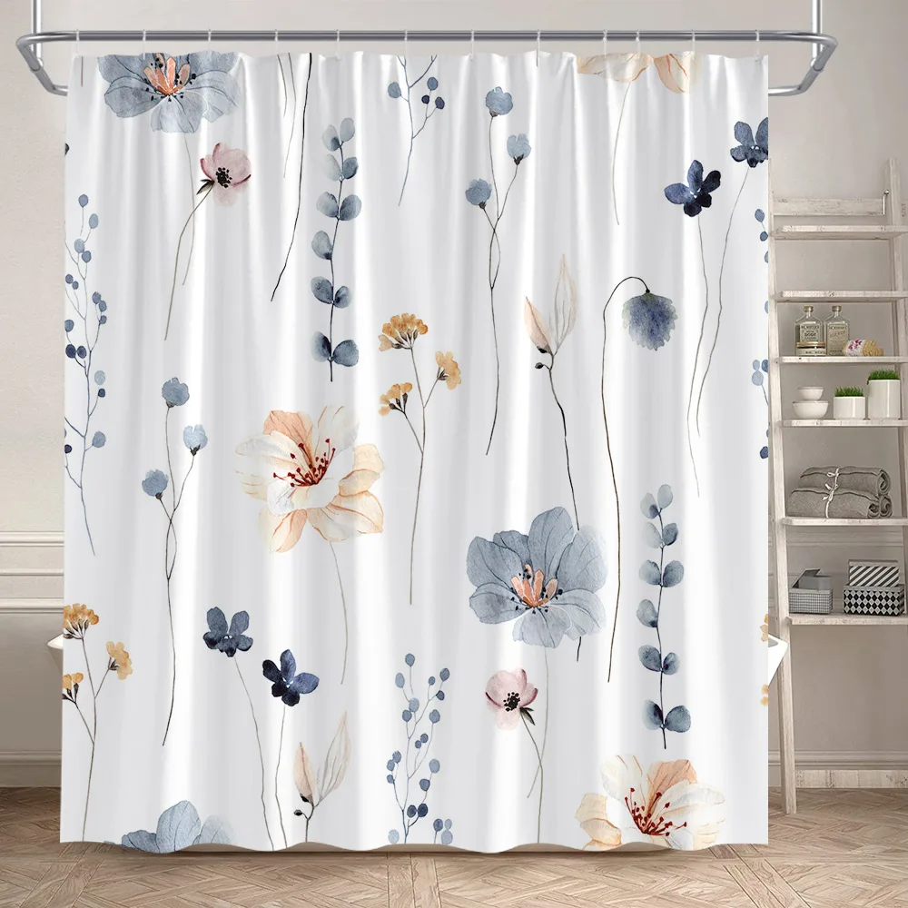 Blue Floral Shower Curtain Watercolour Plants Flowers Dandelion Modern Simple Bathroom Curtains Set Polyester Fabric Home Decor