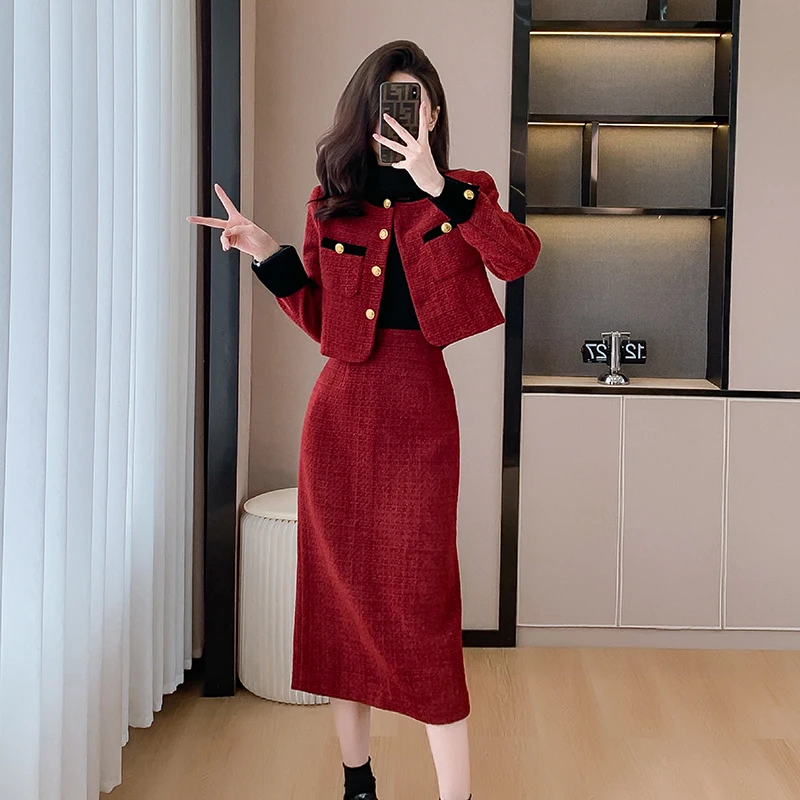 2023 Women Fashion Two-Piece Set Vintage Tweed Single Breasted Blazer Female Short Jacket Mini Skirt Chic Suit Ladies Outfits