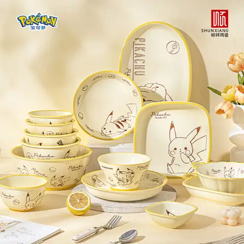 SHUNXIANG Pokémon Ceramic Tableware Set Pikachu Cartoon Pattern Ceramic Bowl Plate Dish Dining Plate Microwave Safe Dinnerware