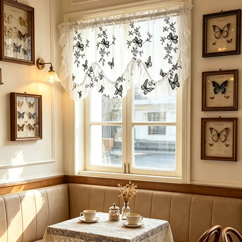 1pc Retro Specimen Style Butterfly Vine Embroidered Short Curtain, Layer Wavy Ruffle Window Valance
