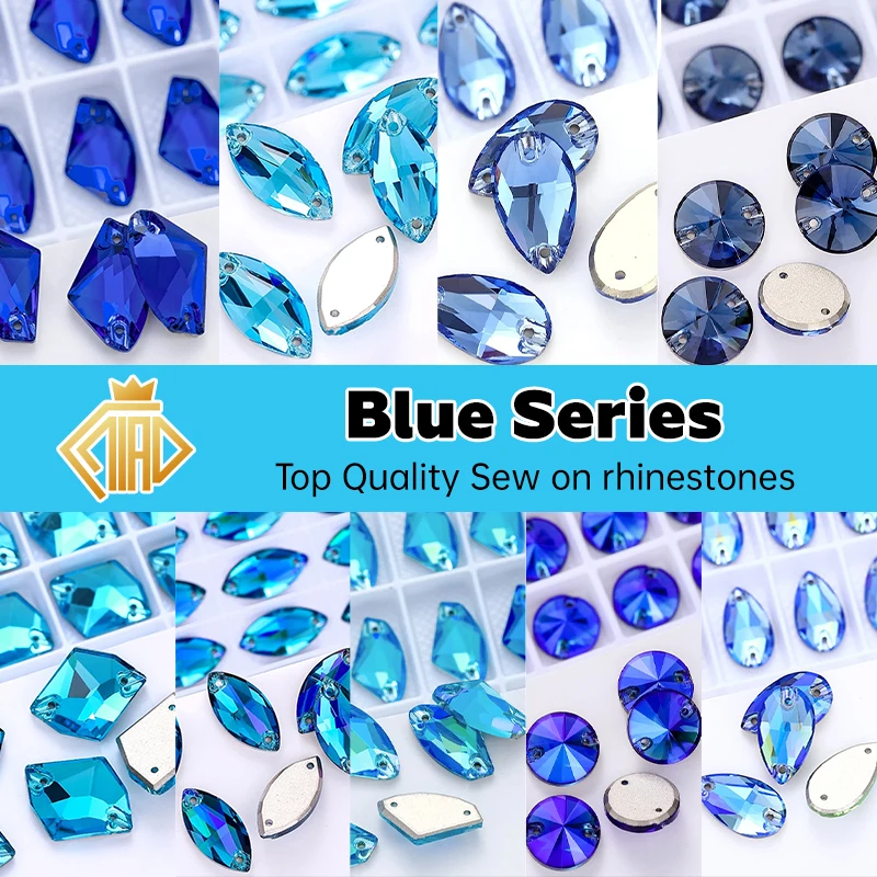Strass à coudre QIAO Série Bleue de qualité supérieure, cristaux de verre scintillants multi-formes pour la décoration de vêtements et l'artisanat DIY