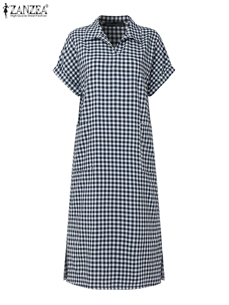2023 ZANZEA Zomer Rasterprint Jurk Vrouwen Revers Hals Korte Mouw Zonnejurk Vintage Casual Vakantie Werk Vestido Gewaad Plaid Kaftan