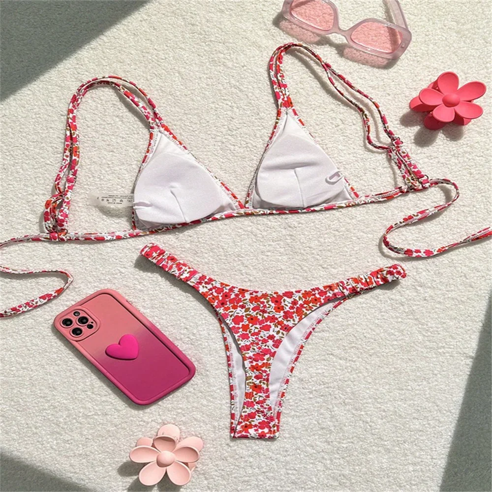Costume da bagno sexy floreale a triangolo con stringhe Extreme Y2K Costume da bagno push up in pizzo senza schienale Abiti da vacanza Costume da bagno da spiaggia per donna